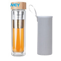 Custom LOGO bamboo cover glass  bottle with tea infuser double wall glass water bottl